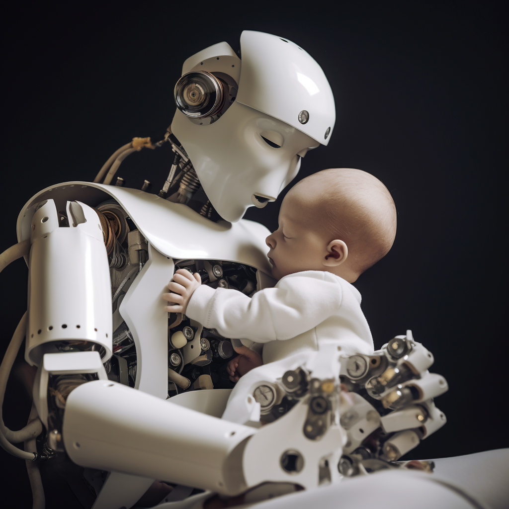 White robot holding a human baby